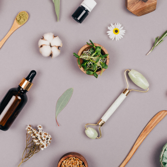 natural ingredients and tools for a basic skincare routine