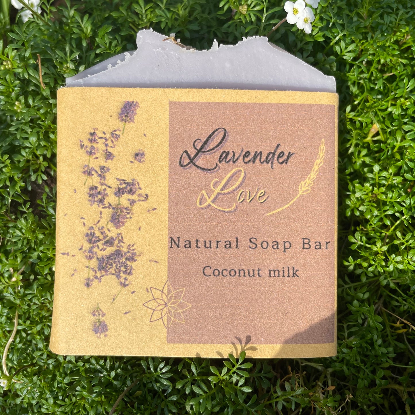 single lavender love handcrafted natural soap, on a front side, to show the natural beauty on this simplified way