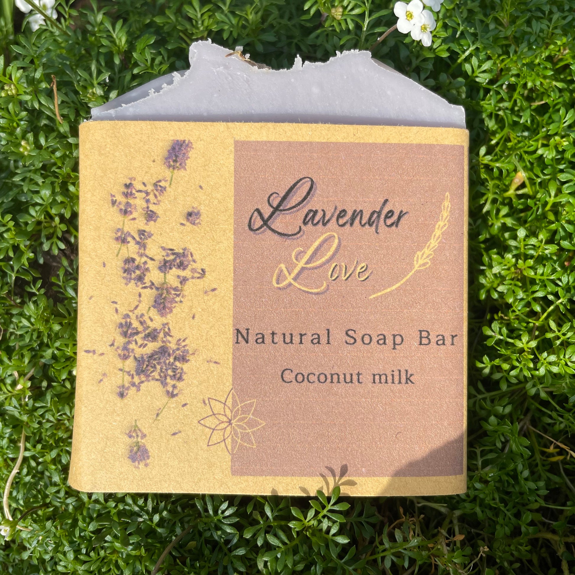single lavender love handcrafted natural soap, on a front side, to show the natural beauty on this simplified way 